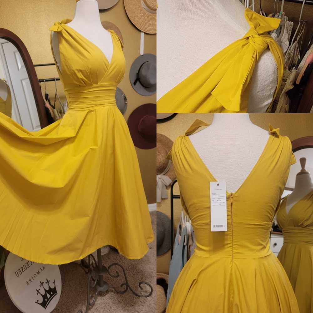 Retro VTG Yellow Sally Fitted Midi Dress - Picture 2 of 7